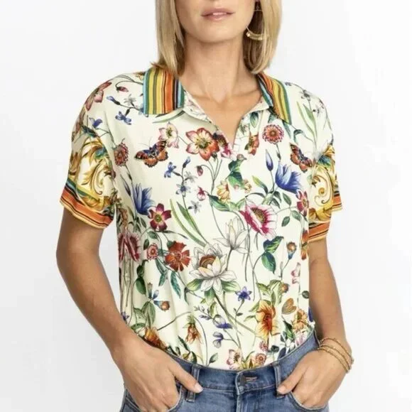 JOHNNY WAS Women Felix Short Sleeve Floral Polo Shirt Sz L Multicolor Golf 50-5 - Picture 2 of 9